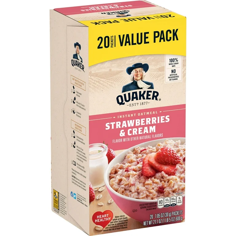 Quaker, Instant Oatmeal, Strawberry &amp; Cream, 1.1 oz, 20 Packets