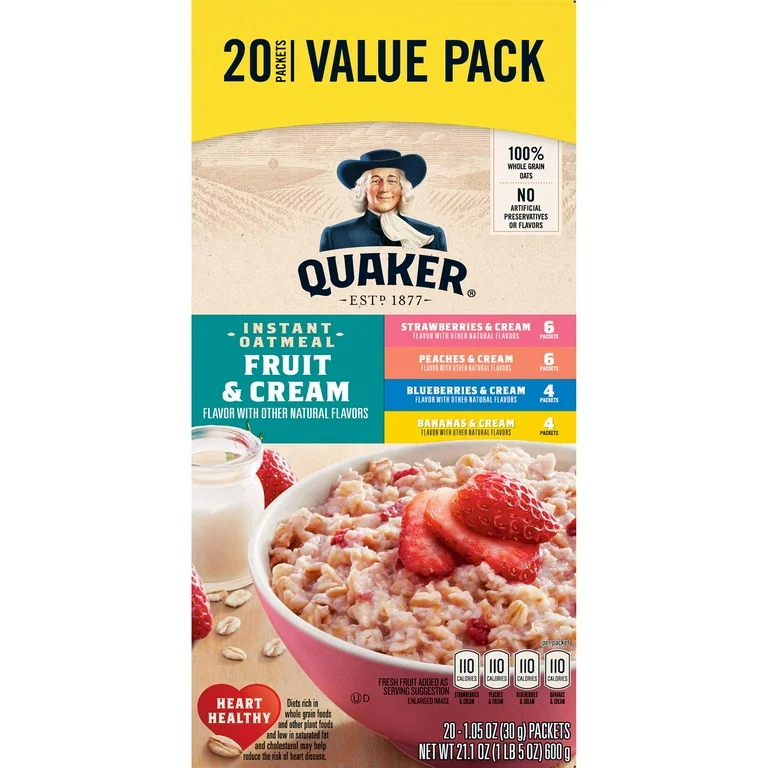 Quaker Instant Oatmeal, Fruit &amp; Cream Variety Pack, 20 Packets