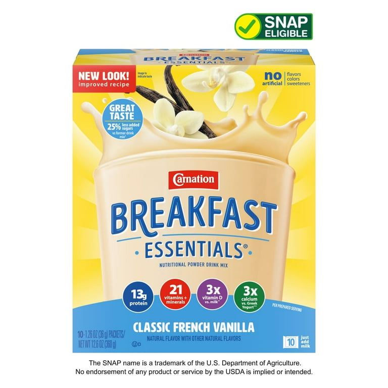 Carnation Breakfast Essentials Powder High Protein Nutritional Shake Drink Mix Packets, Classic French Vanilla Breakfast Shake, 10 Count
